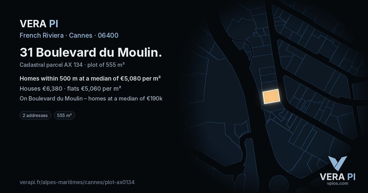 31 Boulevard du Moulin, Cannes at night – the plot lit, the parcels around coloured by the prices near them