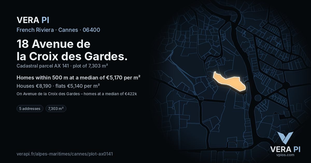18 Avenue de la Croix des Gardes, Cannes at night – the plot lit, the parcels around coloured by the prices near them
