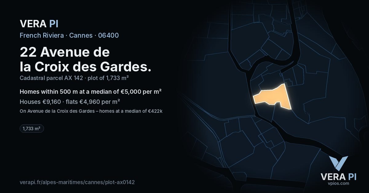 22 Avenue de la Croix des Gardes, Cannes at night – the plot lit, the parcels around coloured by the prices near them