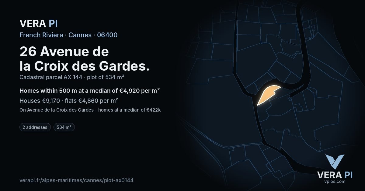 26 Avenue de la Croix des Gardes, Cannes at night – the plot lit, the parcels around coloured by the prices near them