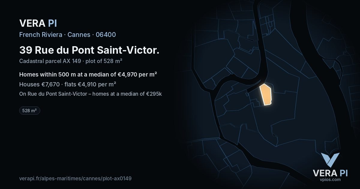 39 Rue du Pont Saint-Victor, Cannes at night – the plot lit, the parcels around coloured by the prices near them