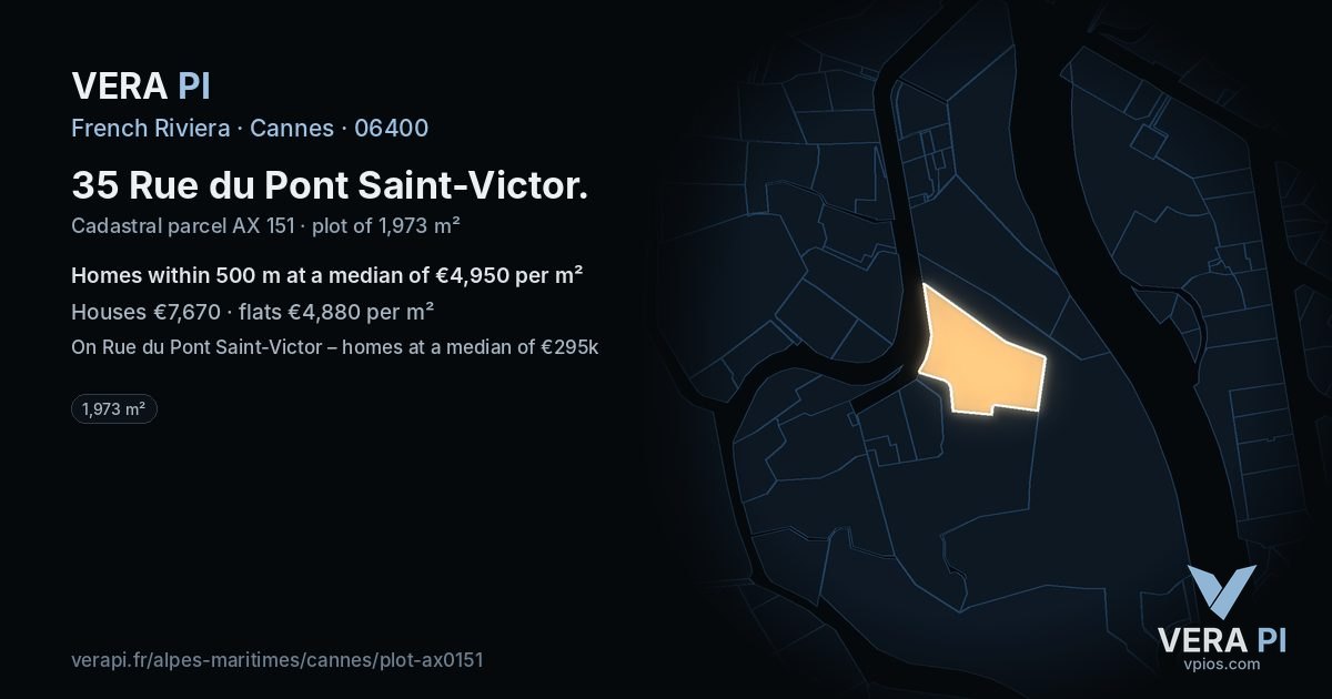 35 Rue du Pont Saint-Victor, Cannes at night – the plot lit, the parcels around coloured by the prices near them