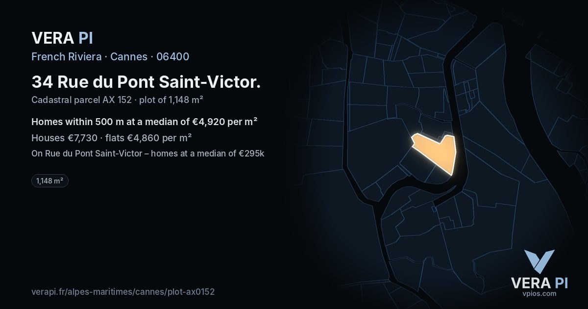 34 Rue du Pont Saint-Victor, Cannes at night – the plot lit, the parcels around coloured by the prices near them