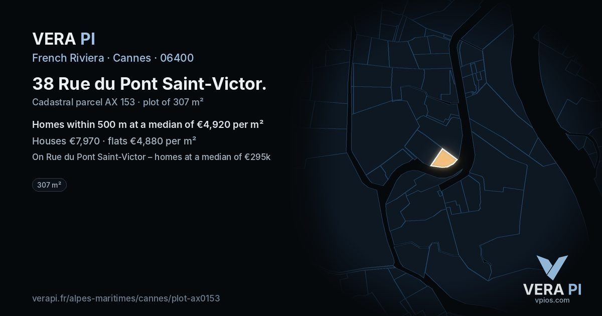 38 Rue du Pont Saint-Victor, Cannes at night – the plot lit, the parcels around coloured by the prices near them