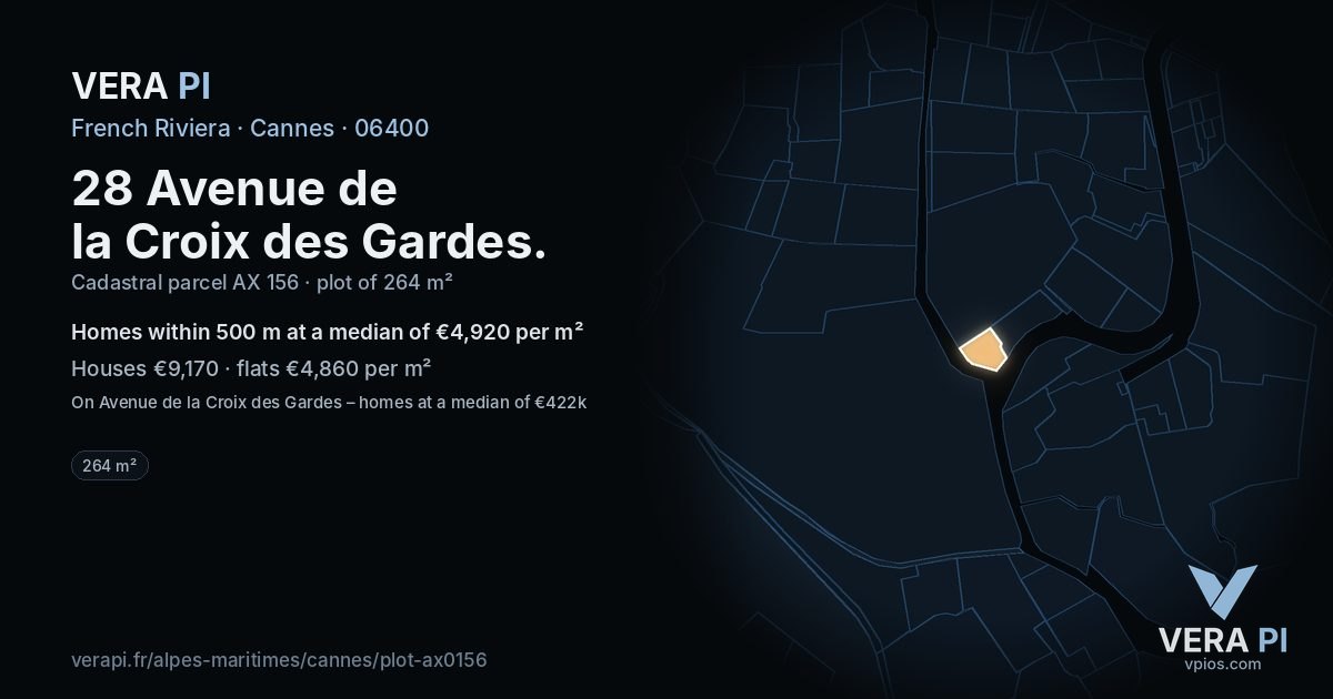 28 Avenue de la Croix des Gardes, Cannes at night – the plot lit, the parcels around coloured by the prices near them