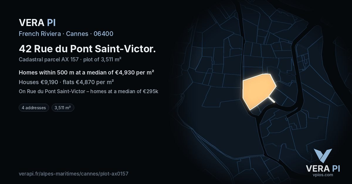 42 Rue du Pont Saint-Victor, Cannes at night – the plot lit, the parcels around coloured by the prices near them