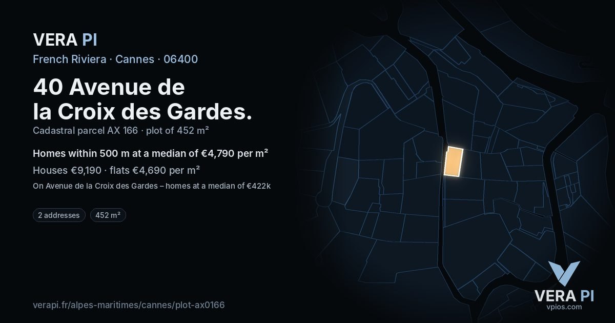 40 Avenue de la Croix des Gardes, Cannes at night – the plot lit, the parcels around coloured by the prices near them