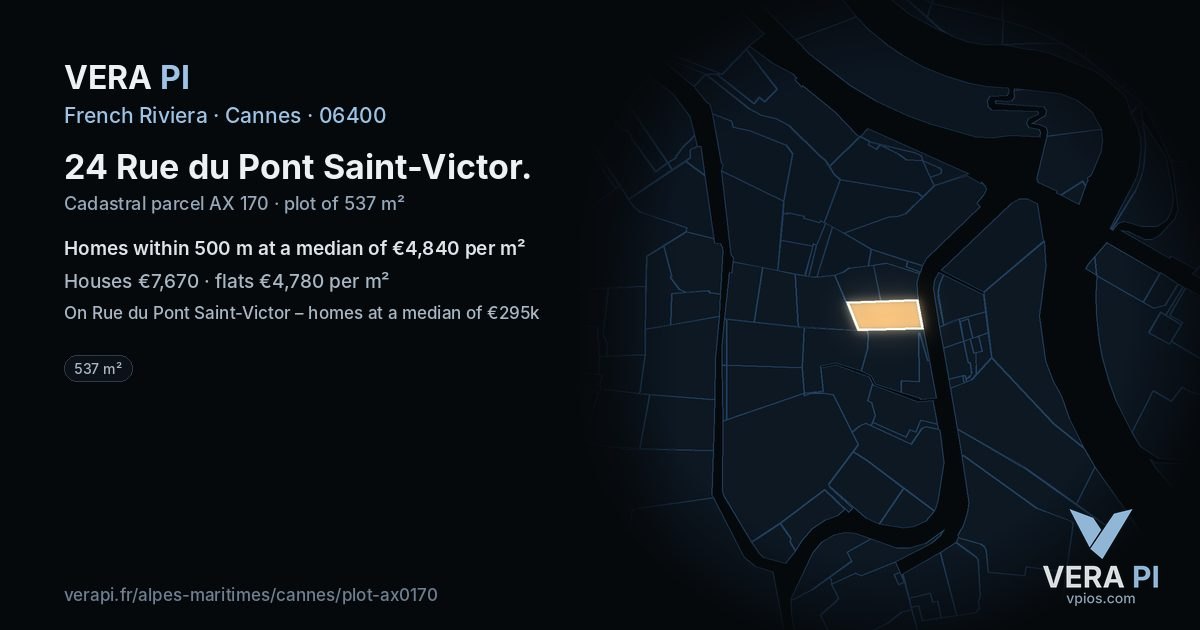 24 Rue du Pont Saint-Victor, Cannes at night – the plot lit, the parcels around coloured by the prices near them