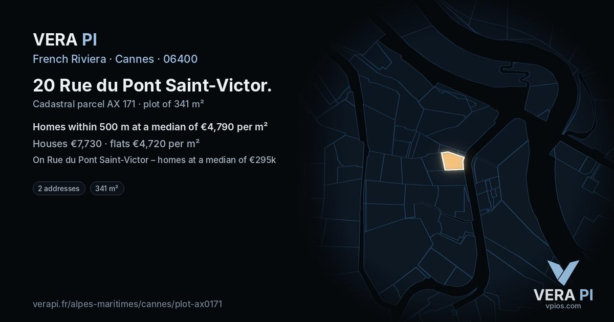 20 Rue du Pont Saint-Victor, Cannes at night – the plot lit, the parcels around coloured by the prices near them