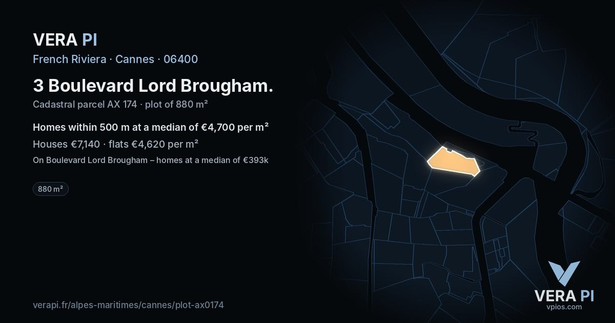 3 Boulevard Lord Brougham, Cannes at night – the plot lit, the parcels around coloured by the prices near them