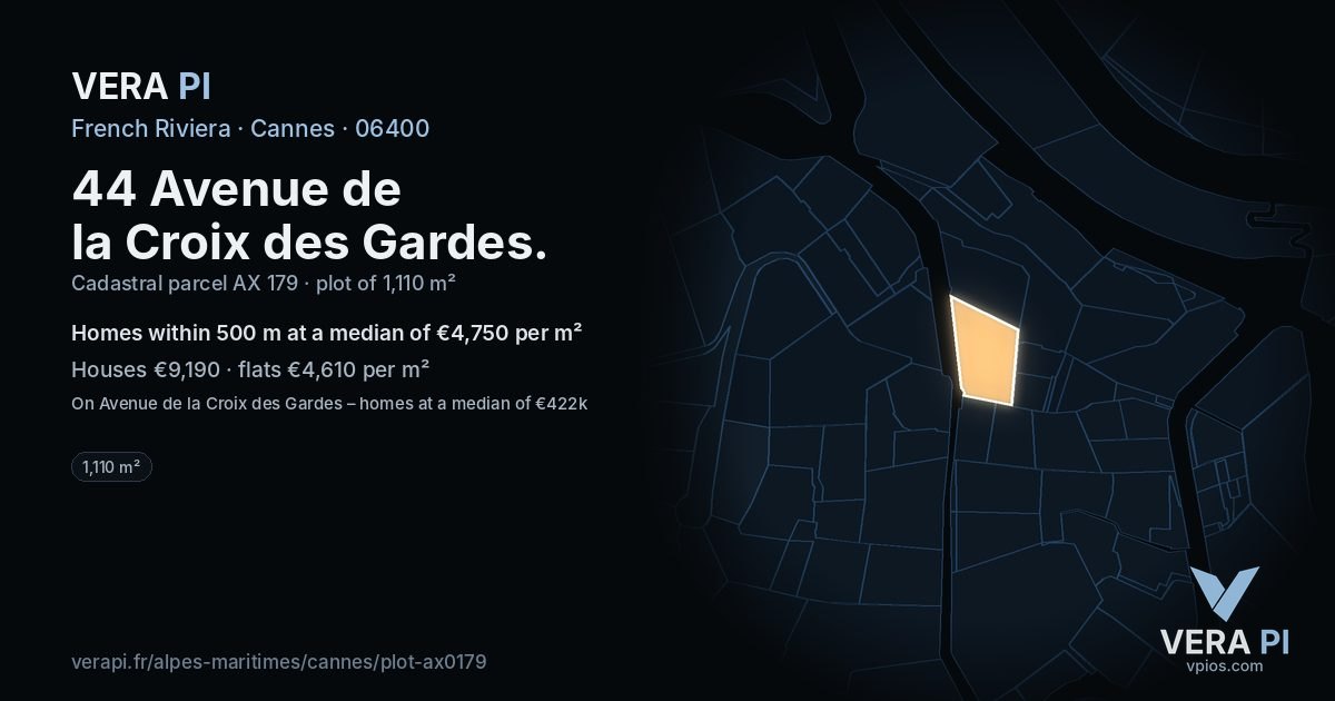 44 Avenue de la Croix des Gardes, Cannes at night – the plot lit, the parcels around coloured by the prices near them