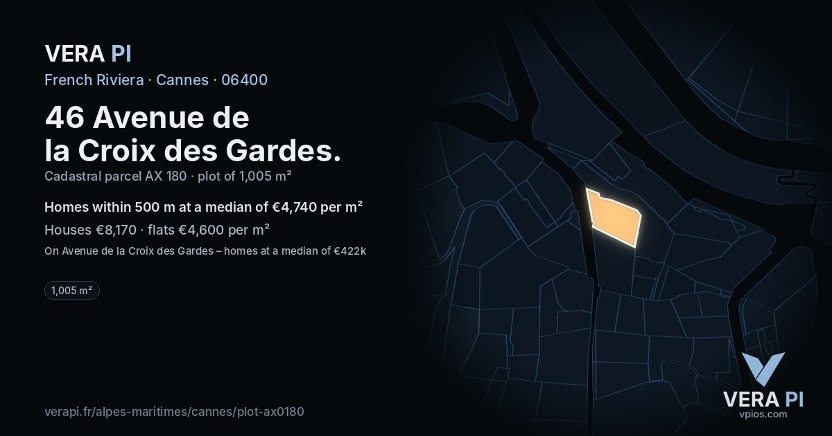 46 Avenue de la Croix des Gardes, Cannes at night – the plot lit, the parcels around coloured by the prices near them