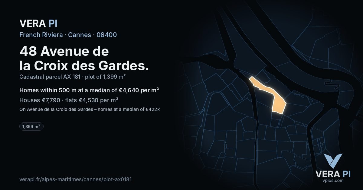 48 Avenue de la Croix des Gardes, Cannes at night – the plot lit, the parcels around coloured by the prices near them