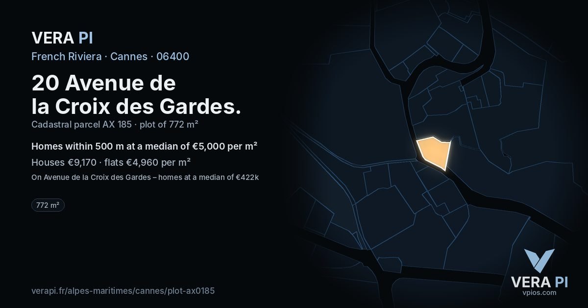 20 Avenue de la Croix des Gardes, Cannes at night – the plot lit, the parcels around coloured by the prices near them