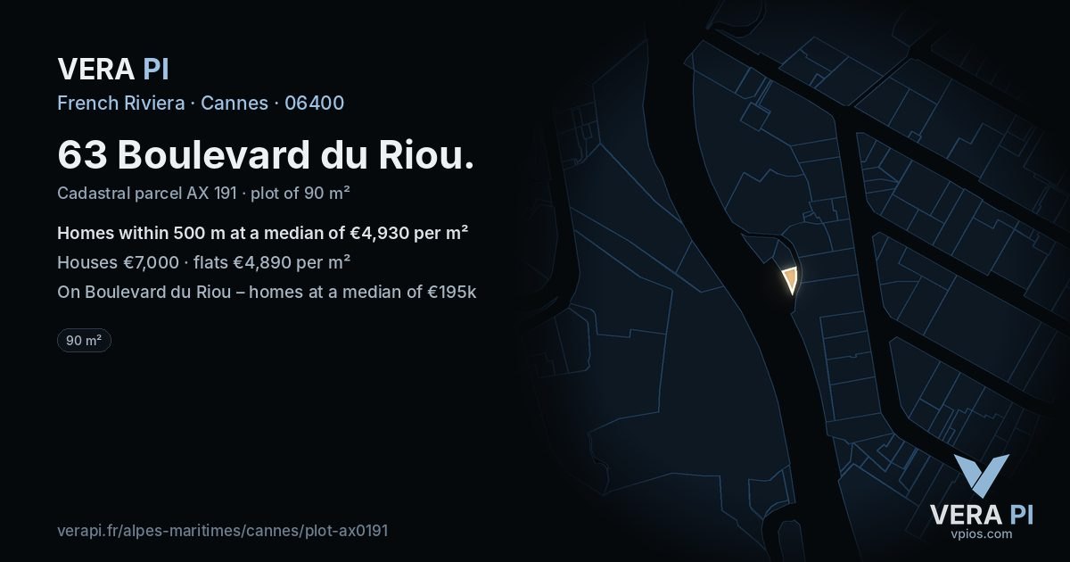 63 Boulevard du Riou, Cannes at night – the plot lit, the parcels around coloured by the prices near them