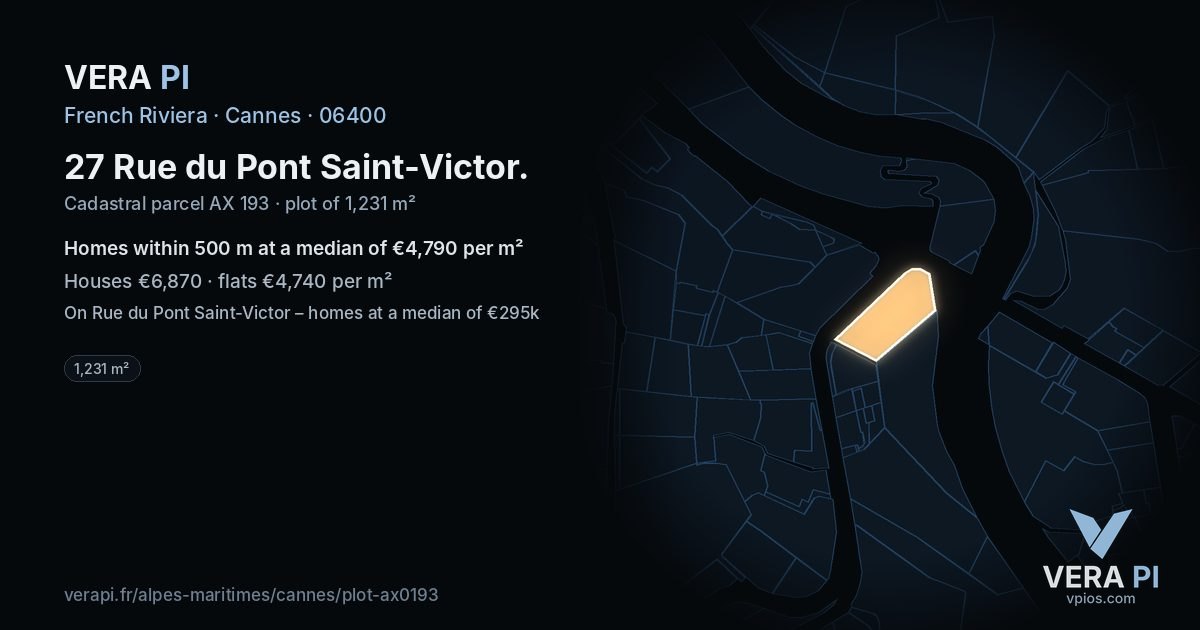 27 Rue du Pont Saint-Victor, Cannes at night – the plot lit, the parcels around coloured by the prices near them