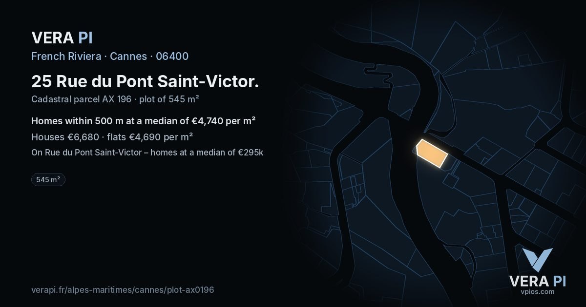 25 Rue du Pont Saint-Victor, Cannes at night – the plot lit, the parcels around coloured by the prices near them