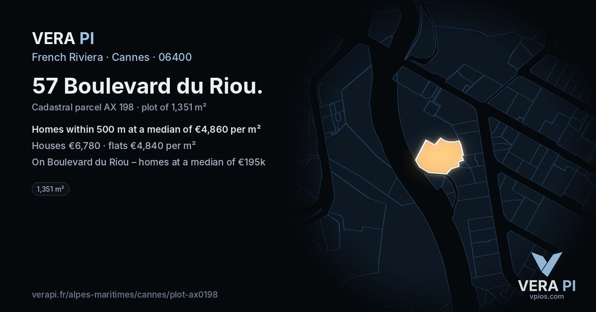57 Boulevard du Riou, Cannes at night – the plot lit, the parcels around coloured by the prices near them