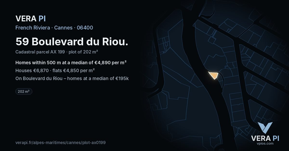 59 Boulevard du Riou, Cannes at night – the plot lit, the parcels around coloured by the prices near them