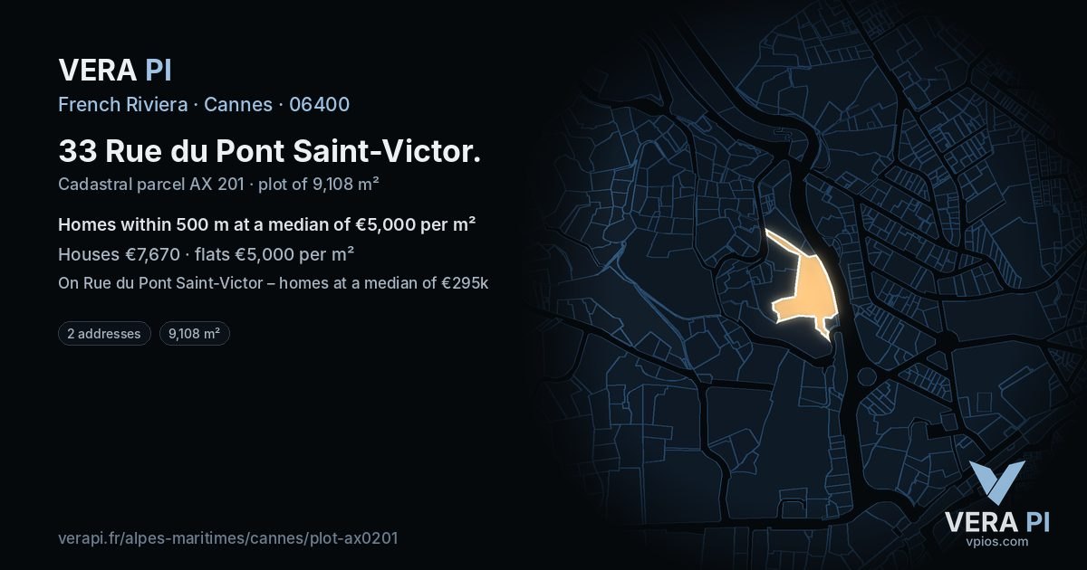 33 Rue du Pont Saint-Victor, Cannes at night – the plot lit, the parcels around coloured by the prices near them