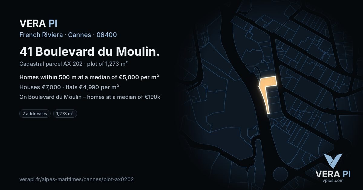 41 Boulevard du Moulin, Cannes at night – the plot lit, the parcels around coloured by the prices near them