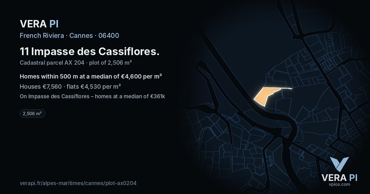 11 Impasse des Cassiflores, Cannes at night – the plot lit, the parcels around coloured by the prices near them