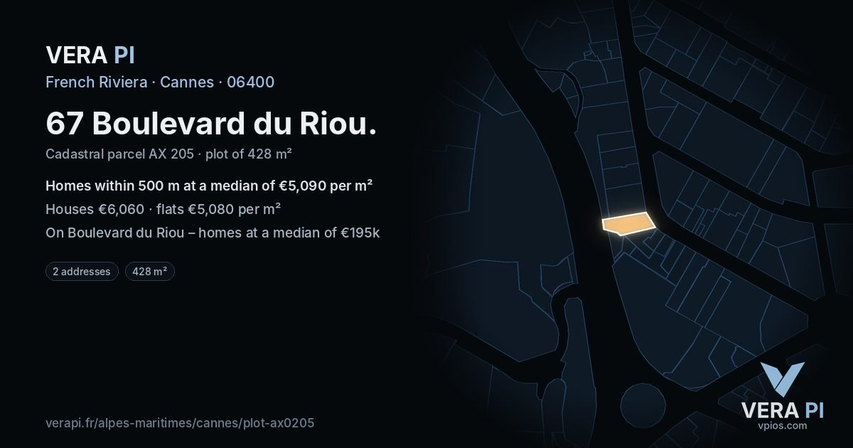 67 Boulevard du Riou, Cannes at night – the plot lit, the parcels around coloured by the prices near them
