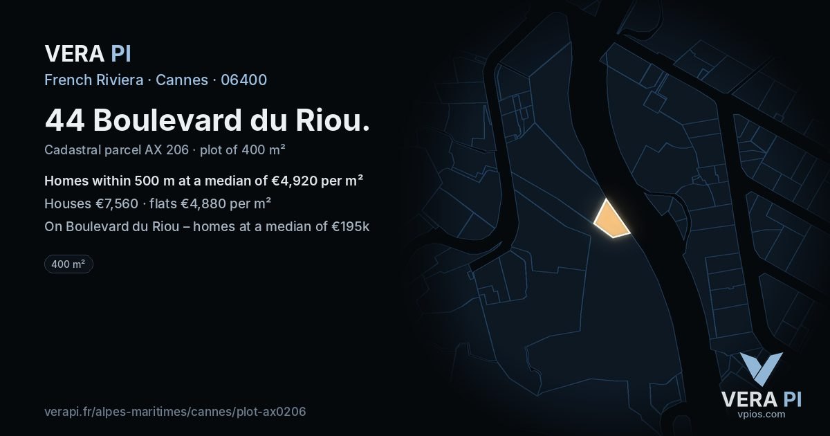 44 Boulevard du Riou, Cannes at night – the plot lit, the parcels around coloured by the prices near them