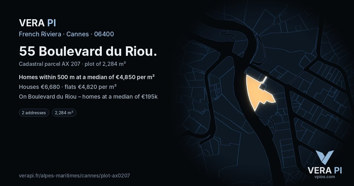 55 Boulevard du Riou, Cannes at night – the plot lit, the parcels around coloured by the prices near them