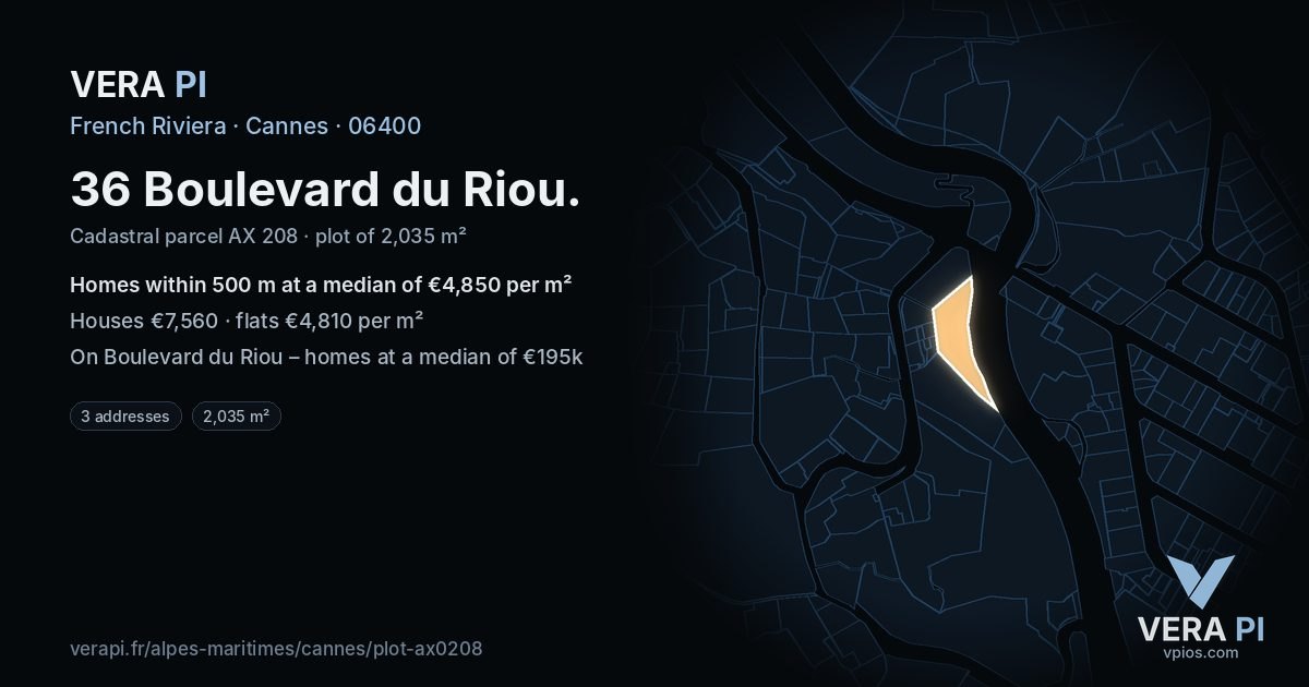 36 Boulevard du Riou, Cannes at night – the plot lit, the parcels around coloured by the prices near them