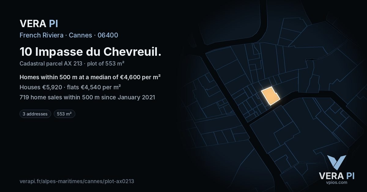 10 Impasse du Chevreuil, Cannes at night – the plot lit, the parcels around coloured by the prices near them