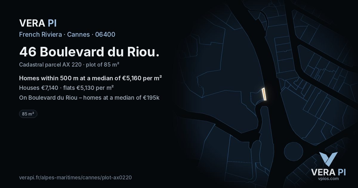 46 Boulevard du Riou, Cannes at night – the plot lit, the parcels around coloured by the prices near them
