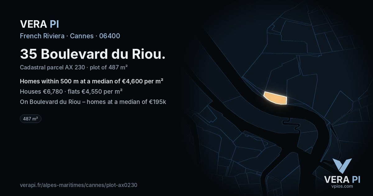 35 Boulevard du Riou, Cannes at night – the plot lit, the parcels around coloured by the prices near them