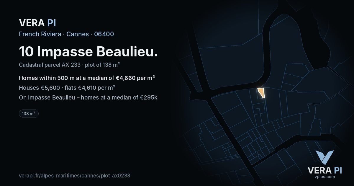 10 Impasse Beaulieu, Cannes at night – the plot lit, the parcels around coloured by the prices near them