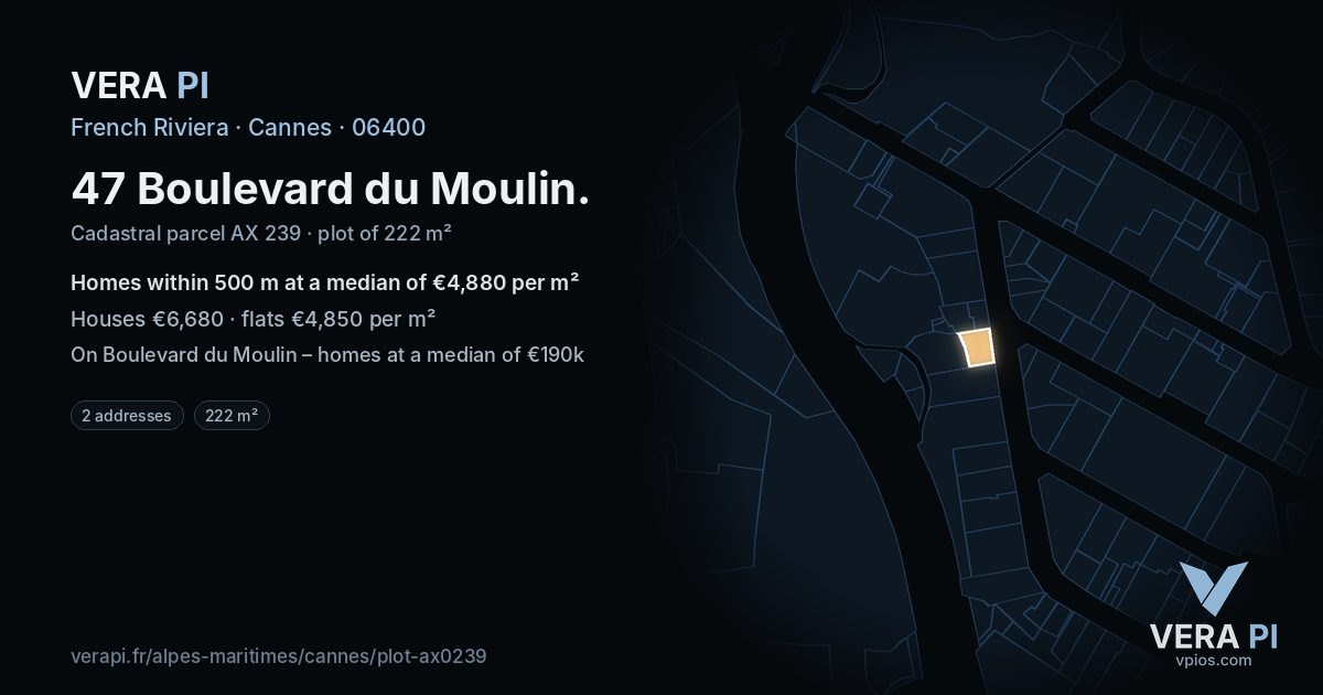 47 Boulevard du Moulin, Cannes at night – the plot lit, the parcels around coloured by the prices near them