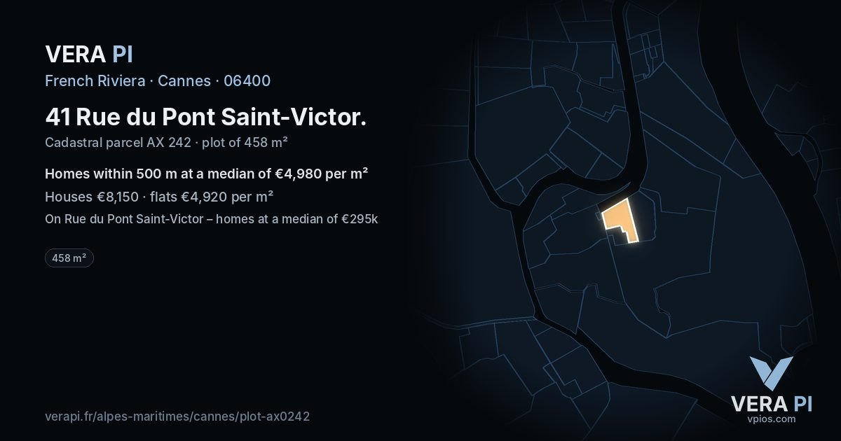 41 Rue du Pont Saint-Victor, Cannes at night – the plot lit, the parcels around coloured by the prices near them