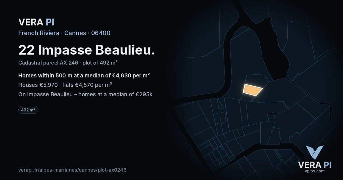 22 Impasse Beaulieu, Cannes at night – the plot lit, the parcels around coloured by the prices near them