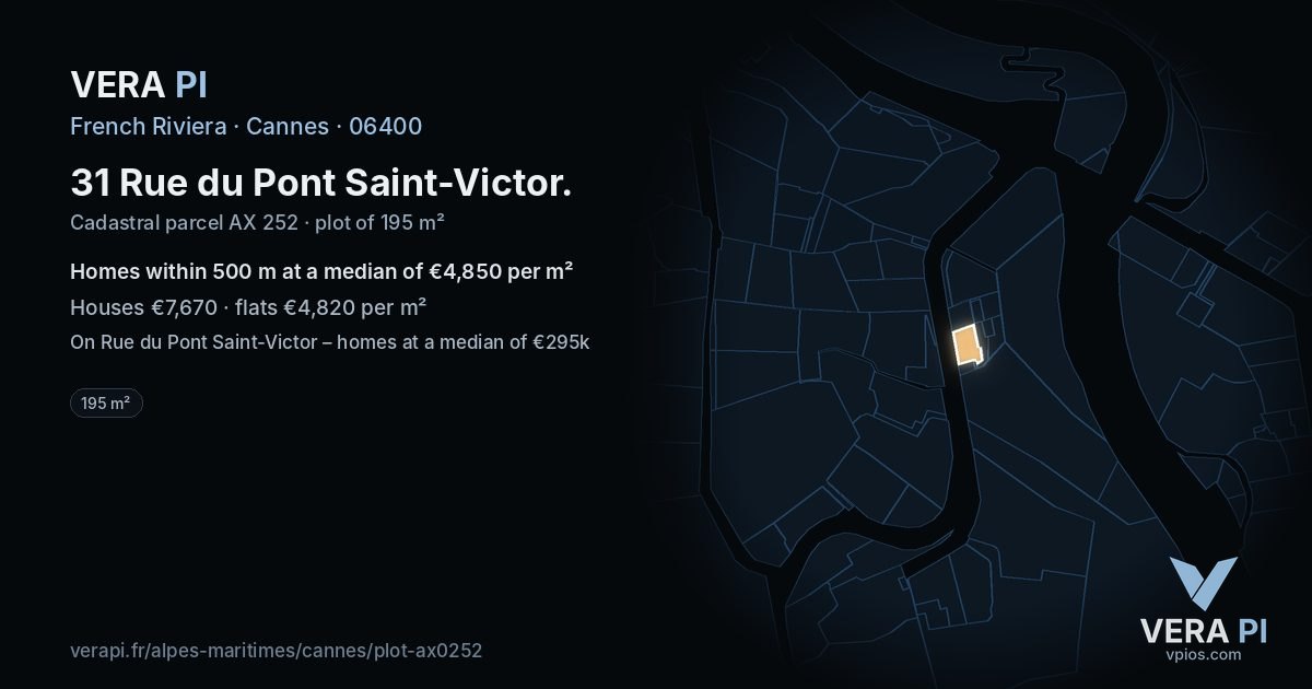 31 Rue du Pont Saint-Victor, Cannes at night – the plot lit, the parcels around coloured by the prices near them