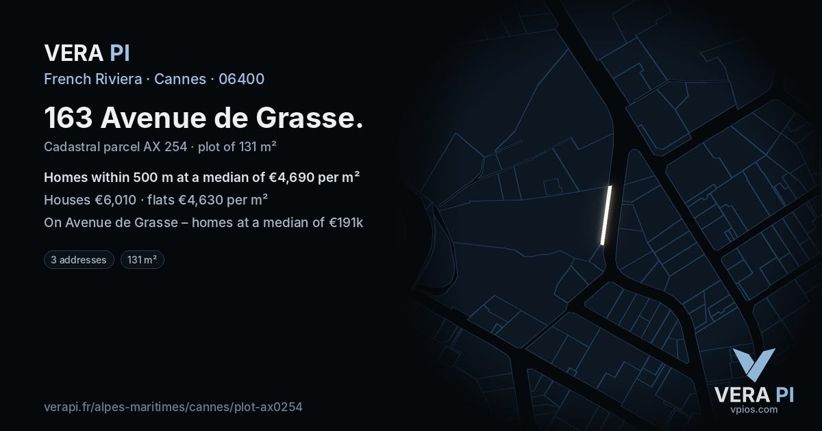 163 Avenue de Grasse, Cannes at night – the plot lit, the parcels around coloured by the prices near them