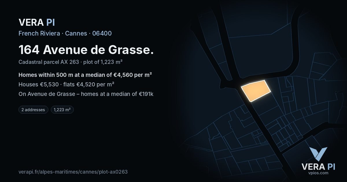 164 Avenue de Grasse, Cannes at night – the plot lit, the parcels around coloured by the prices near them