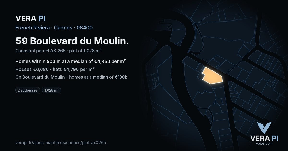 59 Boulevard du Moulin, Cannes at night – the plot lit, the parcels around coloured by the prices near them