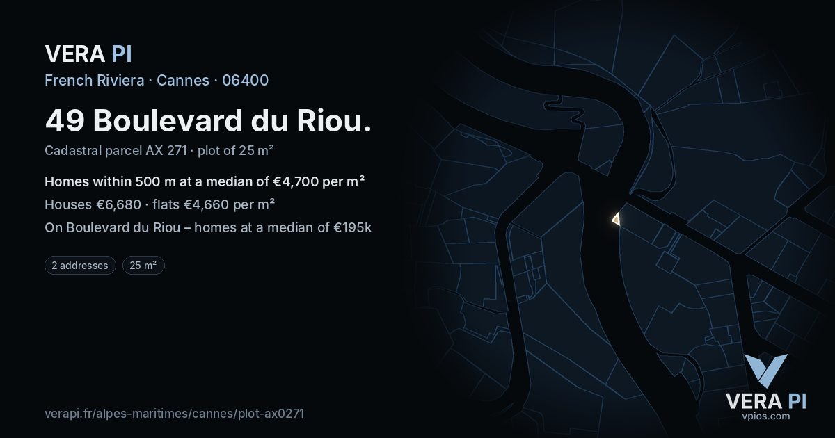 49 Boulevard du Riou, Cannes at night – the plot lit, the parcels around coloured by the prices near them