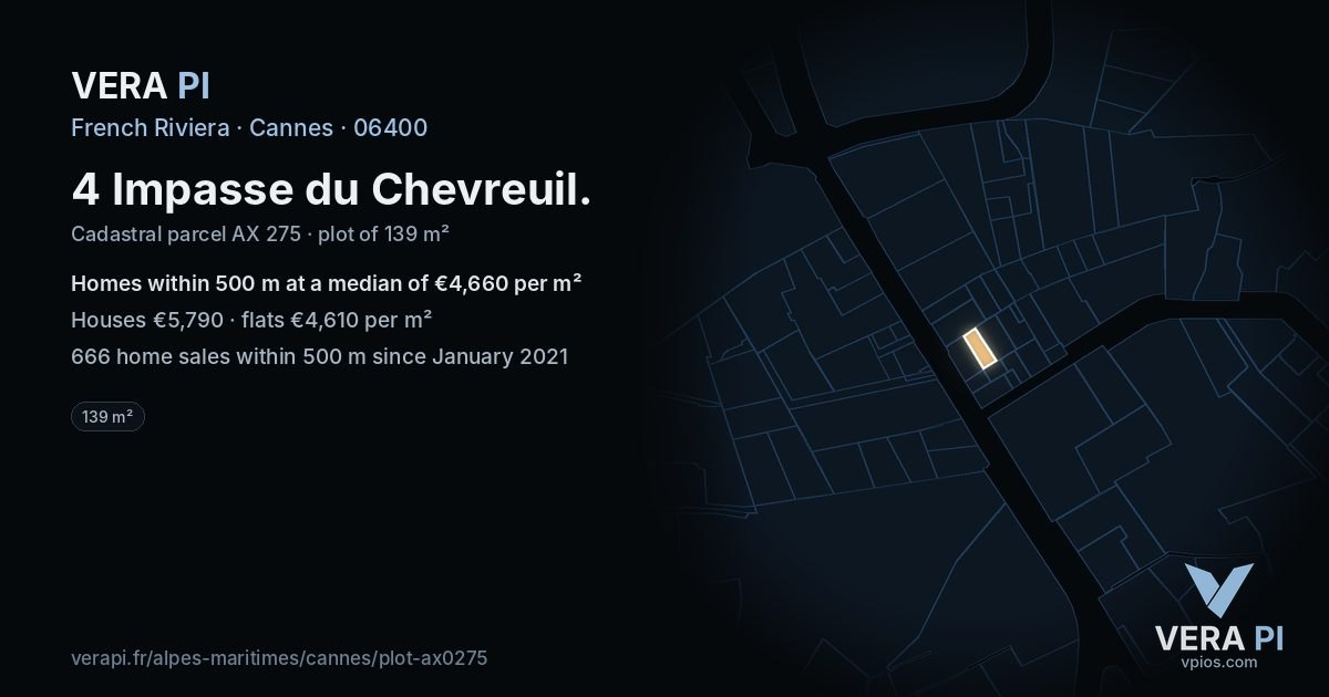 4 Impasse du Chevreuil, Cannes at night – the plot lit, the parcels around coloured by the prices near them