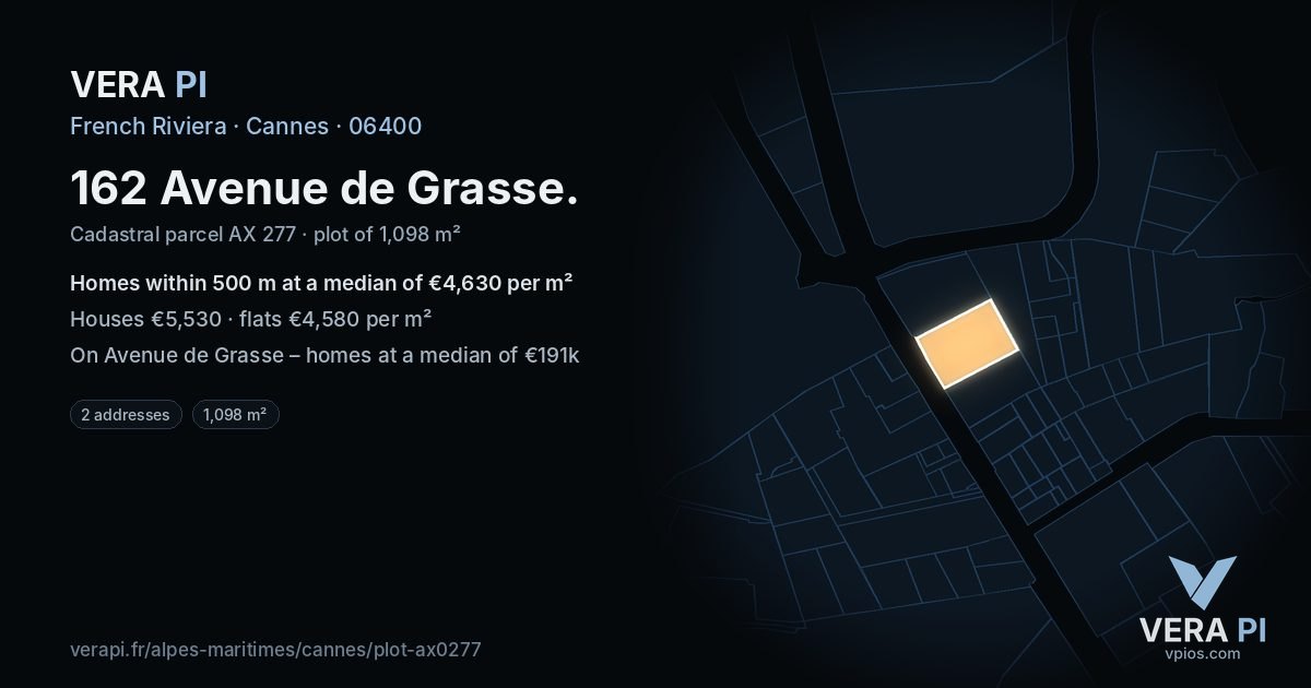 162 Avenue de Grasse, Cannes at night – the plot lit, the parcels around coloured by the prices near them