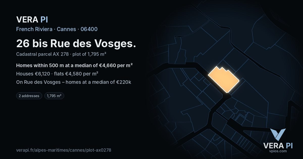 26 bis Rue des Vosges, Cannes at night – the plot lit, the parcels around coloured by the prices near them