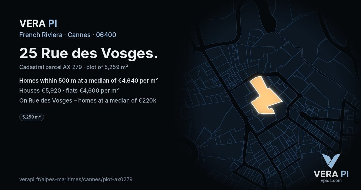 25 Rue des Vosges, Cannes at night – the plot lit, the parcels around coloured by the prices near them