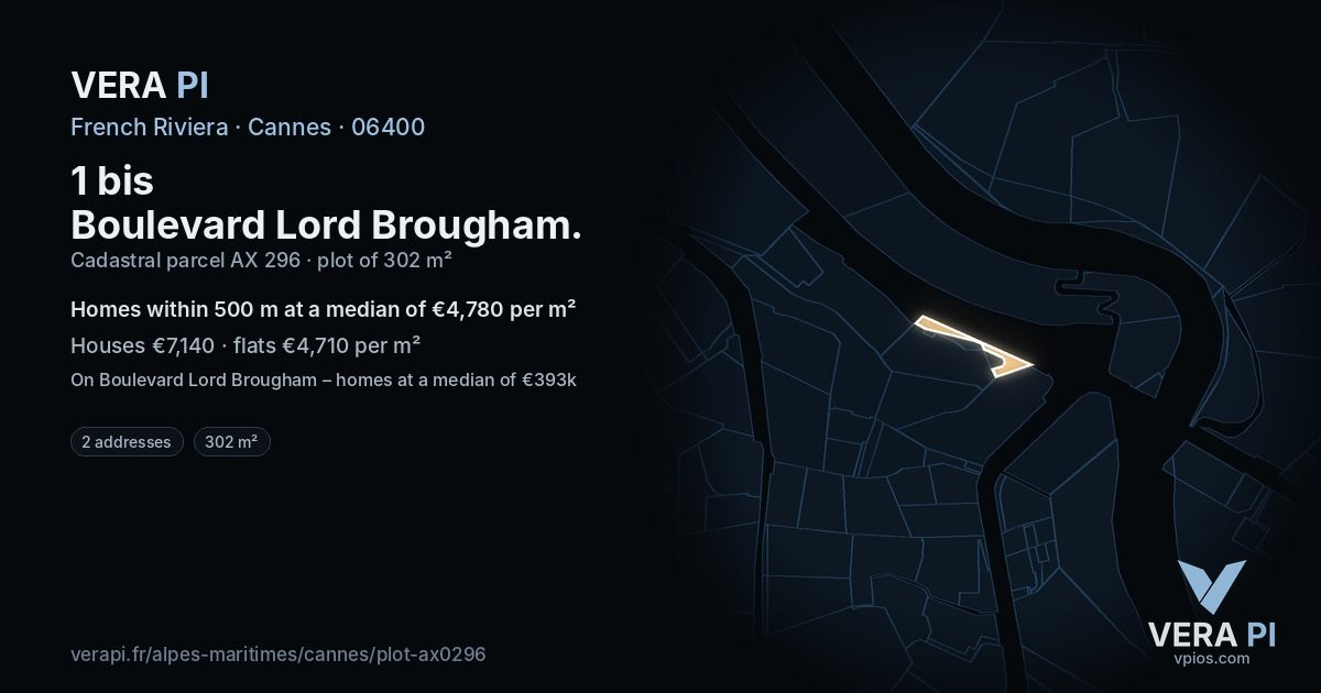 1 bis Boulevard Lord Brougham, Cannes at night – the plot lit, the parcels around coloured by the prices near them