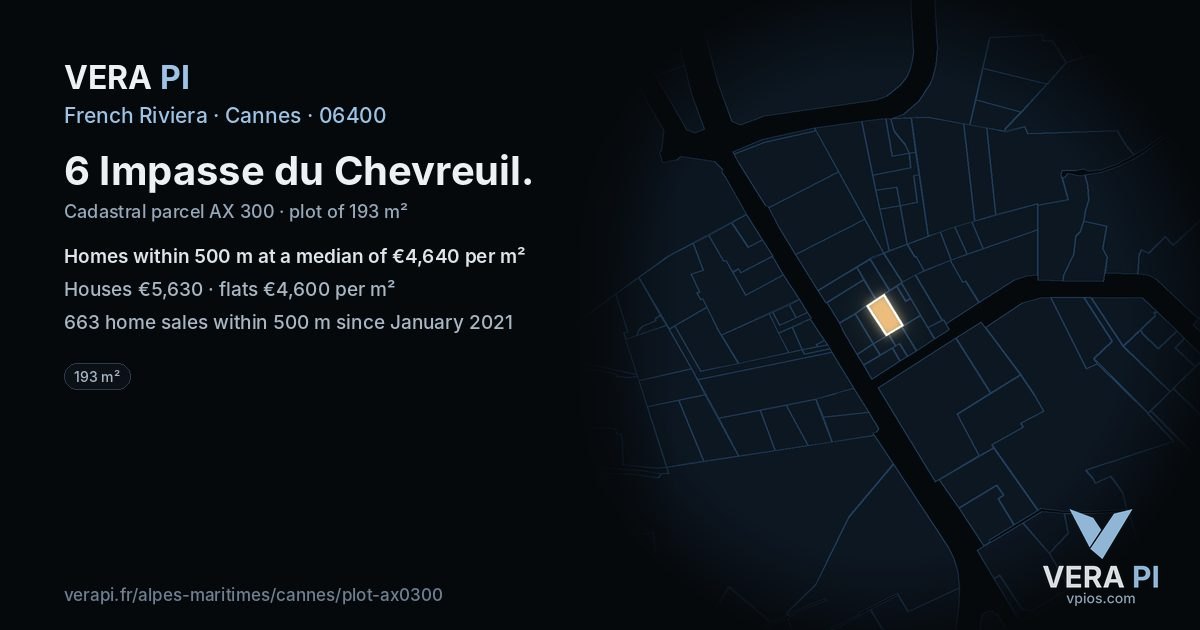 6 Impasse du Chevreuil, Cannes at night – the plot lit, the parcels around coloured by the prices near them