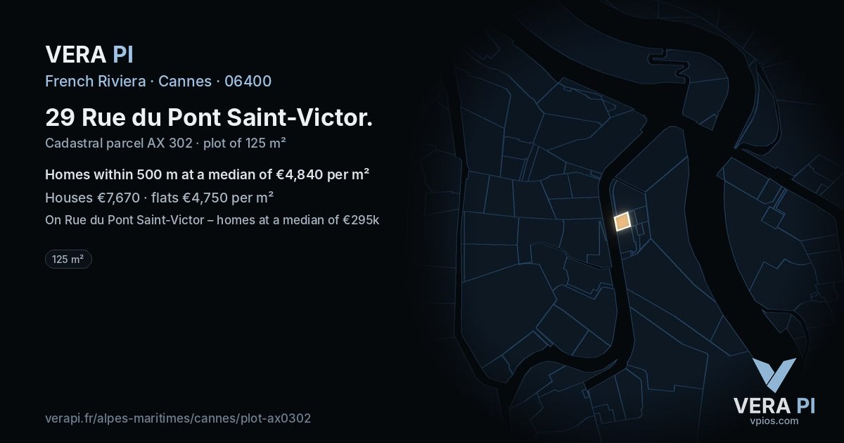 29 Rue du Pont Saint-Victor, Cannes at night – the plot lit, the parcels around coloured by the prices near them