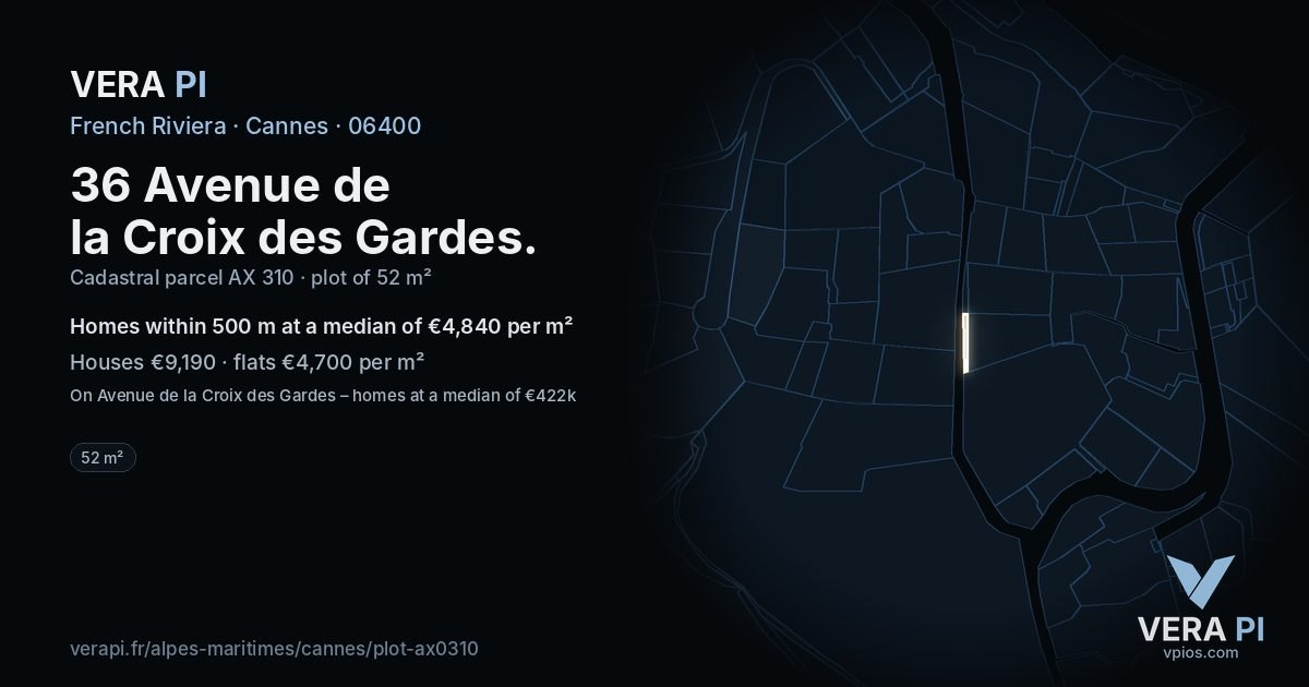 36 Avenue de la Croix des Gardes, Cannes at night – the plot lit, the parcels around coloured by the prices near them